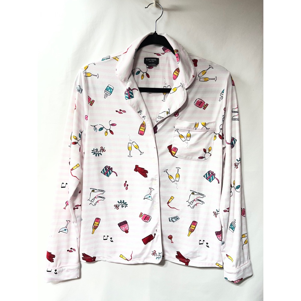 Kate Spade New York Pajama Top Small Pink White Striped Holiday Christmas‎ Print